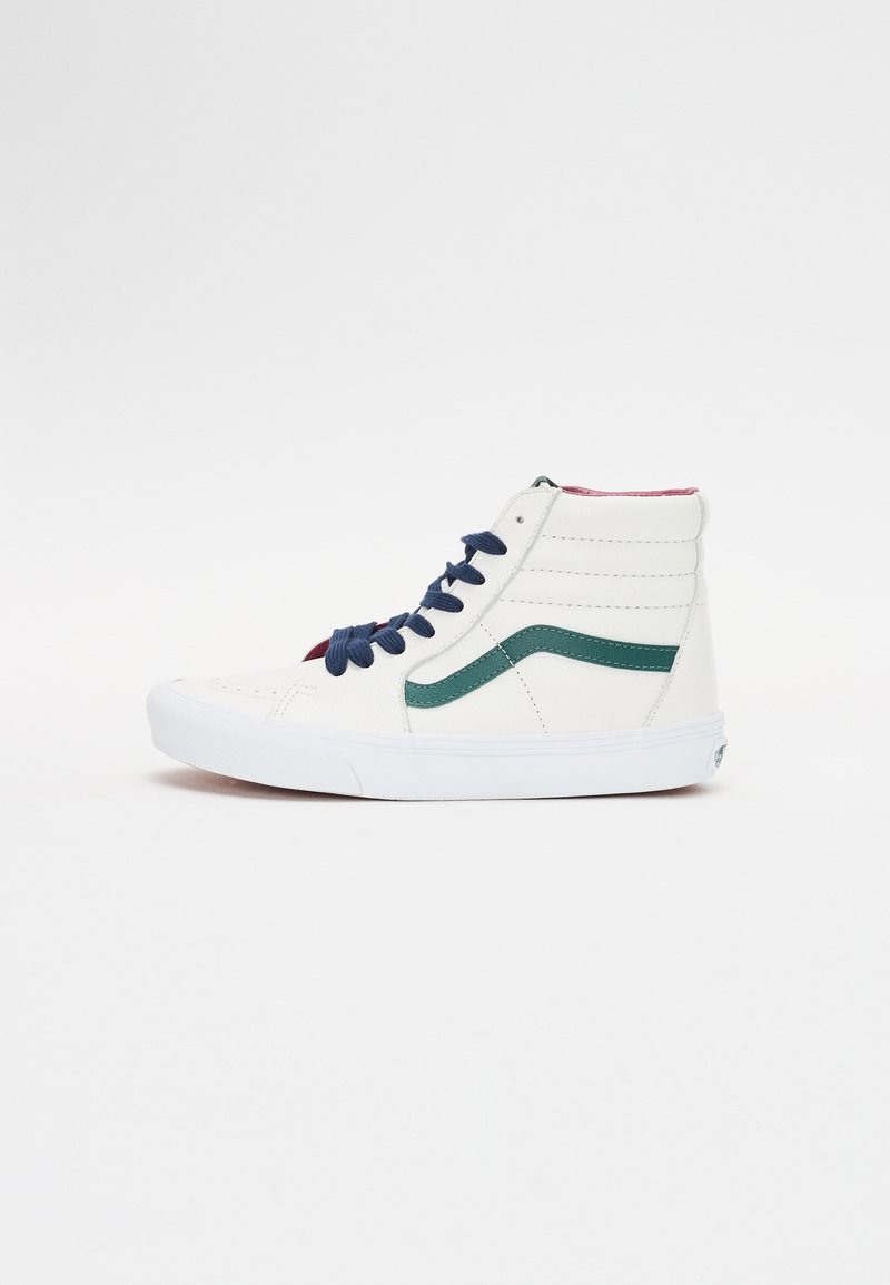High-top sneakers made of white leather, featuring blue laces, green accents, and a textured surface with a white rubber sole.