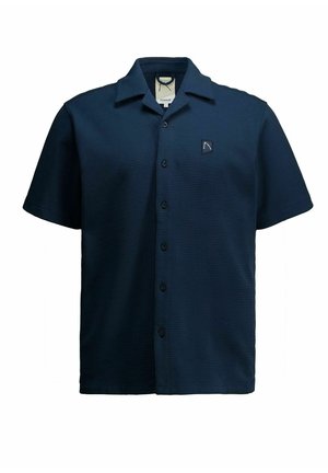 Marineblauw overhemd met korte mouwen, knoopsluiting, gestructureerde stof, open kraag en een klein vierkant logo op de linkerborst.