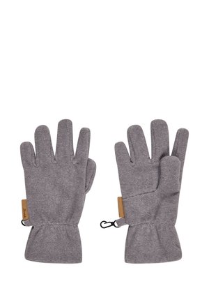 Pair of gray fabric gloves with three middle fingers, separate thumb, and connected ring and pinky fingers, each with a small clip attachment.