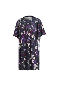 Šaty s krátkými rukávy z tmavé látky s barevným květinovým vzorem; zahrnují bílé pruhy po stranách. Kulatý výstřih, volný střih.