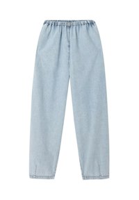 Ljust blå, löst sittande denimbyxor med elastisk midja. Rakt ben-design och kontrasterande sömmar vid fållen. Inga fickor.