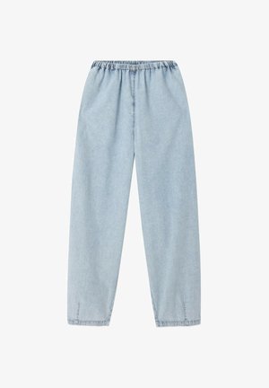Hellblaue, lockere Jeanshose mit elastischem Bund. Gerades Beindesign und kontrastierende Nähte am Saum. Ohne Taschen.