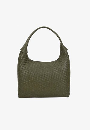Geweven olijfgroene leren handtas met een gebogen handvat, voorzien van een gladde textuur en een ritssluiting aan de bovenkant.