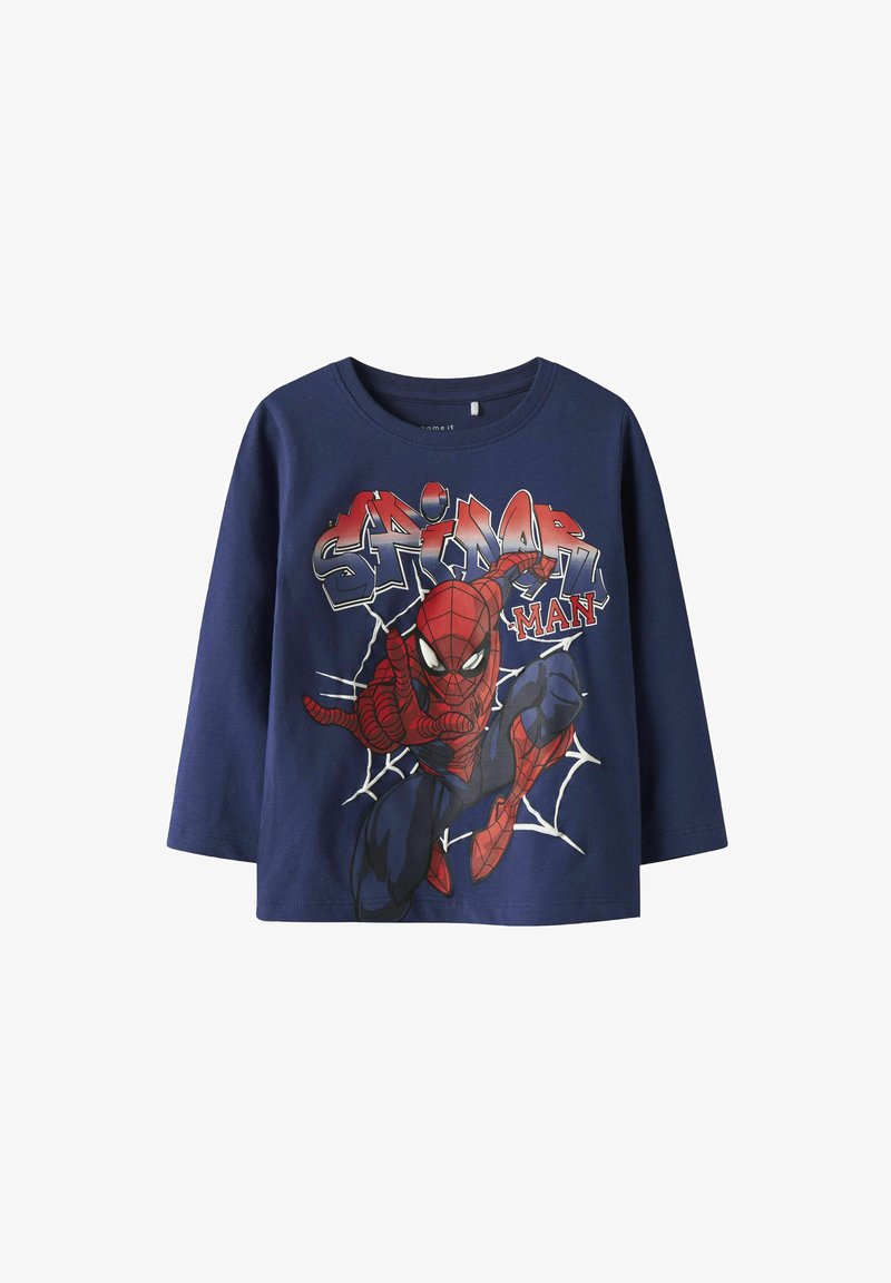 Navy blauwe langemouwen t-shirt van katoen, met een grote graphic van Spider-Man met rode en witte accenten en spinnenwebdetails.