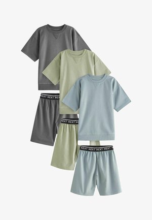 Set van vier bijpassende T-shirts met korte mouwen en shorts. Kleuren zijn donkergrijs, lichtgrijs, gedempt groen en zachtblauw. Zachte katoen stof.