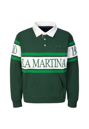 Butelkowozielona koszulka rugby z długim rękawem, białym kołnierzykiem, białymi poziomymi paskami, zielonymi akcentami i napisem "LA MARTINA 1910" na piersi i rękawach.