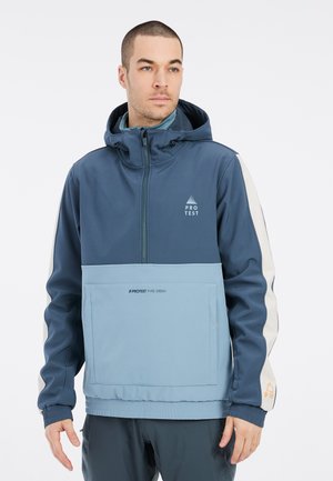 Herren-Haubejacke in Blau und Hellblau, mit einer Fronttasche, elastischen Bündchen und Logodetails. Hergestellt aus weichem, flexiblen Material.