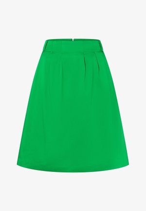 Grüne plissierte Rock mit Taillenbund und Reißverschluss, der eine glatte Textur und eine ausgestellte Form für eine entspannte Passform bietet.