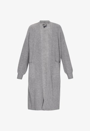 Langer, offener grauer Strickcardigan mit langen Ärmeln, zwei Fronttaschen und geripptem Texturdetails.