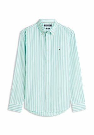 Hellblau-weiß gestreiftes, langärmliges Hemd mit Knopfleiste, Button-down-Kragen und kleinem Logo auf der linken Brust.