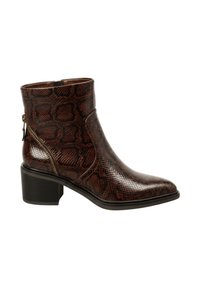 Bottine en cuir synthétique marron avec un motif serpent, bout pointu, fermeture éclair sur le côté et un talon bloc de hauteur moyenne.