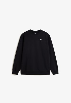 Black sweatshirt made of cotton, featuring a crew neckline, long sleeves, and a small white logo on the chest. Smooth texture, relaxed fit.