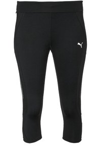 Czarne legginsy treningowe do kostek wykonane z rozciągliwego materiału, z gładkim pasem, białym logo i siateczkowymi detalami po bokach.