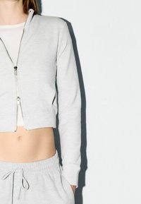 Ljusgrå croppad zip-up jacka med dragkedja framtill, långa ärmar och mjuk textur, matchad med grå dragsko-byxor.