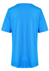T-shirt bleu vif uni à manches courtes, vu de dos, avec un col rond et sans logos ni motifs visibles.