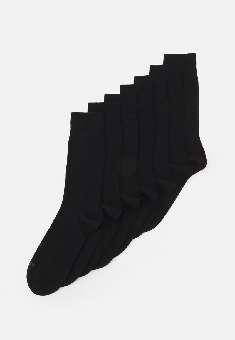 Calzini neri in cotone, esposti in fila, caratterizzati da una consistenza liscia e un design classico a taglio medio. Set di sette paia.
