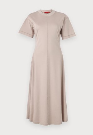 Tan cotton blend dress with short sleeves, round neckline, vertical seam detail, and flared hem. Soft fabric with smooth texture.