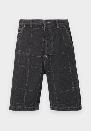 Black denim shorts with a washed plaid pattern, front pockets, button closure, and belt loops.