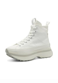 White high-top sneakers made of fabric with a thick platform sole, featuring a lace-up design and a pull tab at the heel.