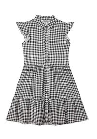 Schwarz-weißes Gingham-Karo ärmelloses Kleid mit Kragen, durchgehender Knopfleiste, tailliertem Schnitt und Rüschensaum.