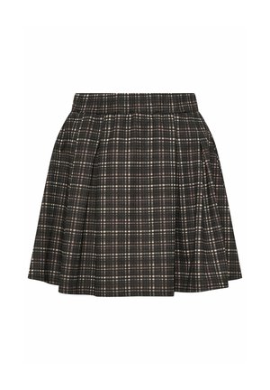 Jupe plissée noire avec motif à carreaux blancs et roses, longueur genou avec une ceinture ajustée.