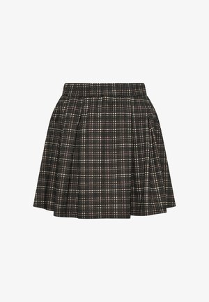 Jupe plissée noire avec motif à carreaux blancs et roses, longueur genou avec une ceinture ajustée.