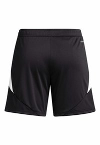 Shorts de sport noirs avec des accents blancs inclinés sur les côtés et une ceinture élastique, vus de dos.