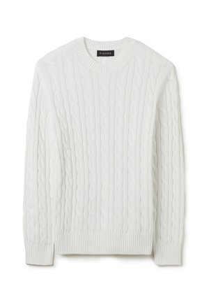 Maglione bianco a maglia con collo rotondo, polsini e orlo a coste. Presenta un motivo testurizzato creato dall'intreccio di design a cavo.