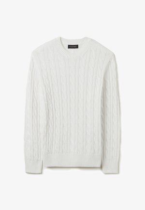 Weißer Strickpullover mit rundem Hals, gerippten Bündchen und Saum. Verfügt über ein strukturiertes Muster, das durch ineinander verwobene Kabeldesigns entsteht.