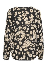 Black blouse with a loose fit, long sleeves, featuring a cream floral print and a rounded neckline. Smooth fabric, side slits at the hem.