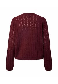 Pull en maille bordeaux à manches longues avec motif ajouré vertical, présenté de dos sur fond blanc.