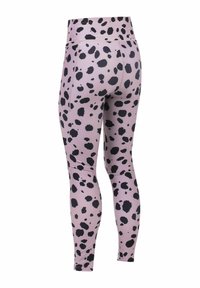 Pink leggings with a black splatter pattern, high waistband, and a smooth, stretchy texture. These form-fitting leggings are ankle-length.