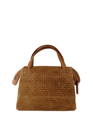 Braune Lederhandtasche mit strukturiertem gewebtem Muster, zwei Griffen und seitlichen Reißverschlusstaschen auf weißem Hintergrund.