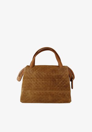 Brown leather handbag with textured woven pattern, two handles, and zippered side pockets on a white background.