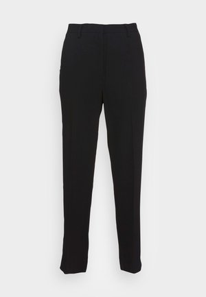 Black tailored trousers with a smooth texture, featuring a straight-leg cut and front crease. No visible hardware or patterns.