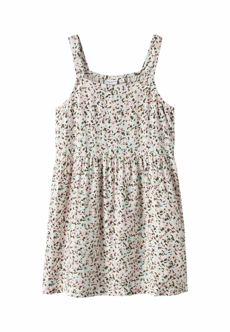 Sukienka bez rękawów z lekkiego materiału w różowym tle, z rozproszonymi kwiatowymi wzorami w kolorach zielonym, pomarańczowym i niebieskim; zw gathers been on the waist.
