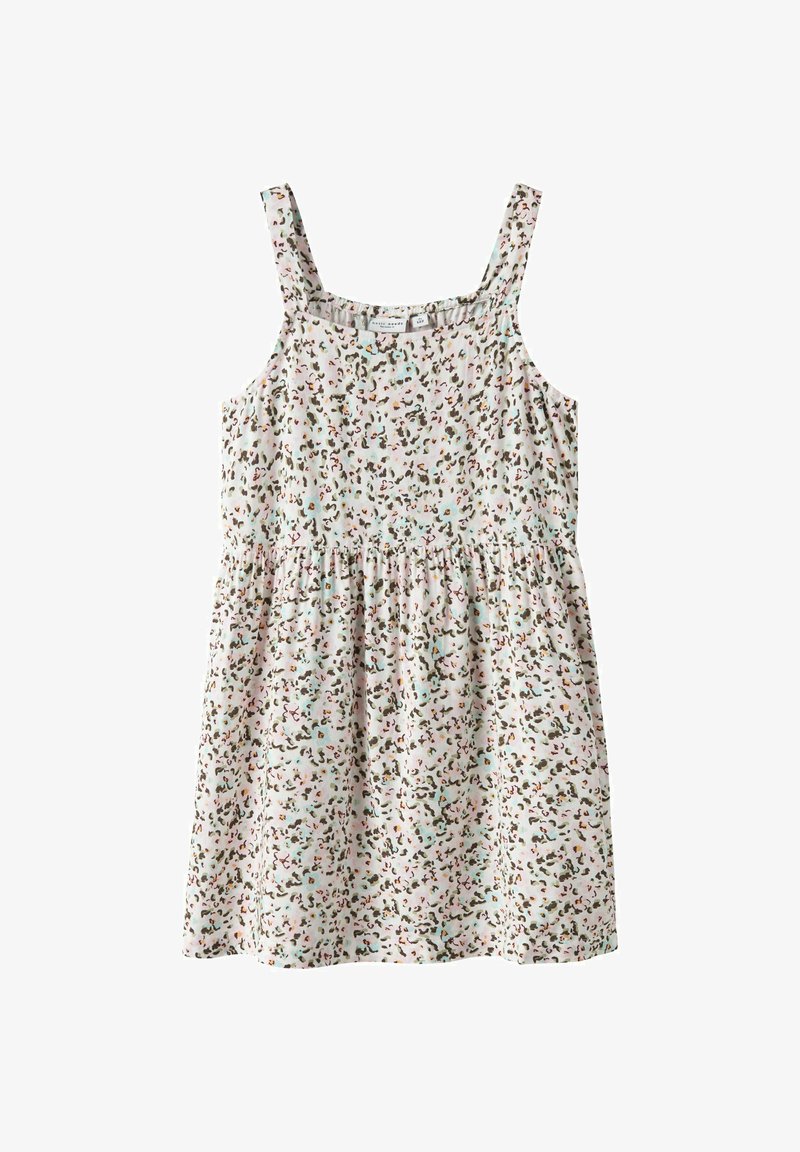 Sukienka bez rękawów z lekkiego materiału w różowym tle, z rozproszonymi kwiatowymi wzorami w kolorach zielonym, pomarańczowym i niebieskim; zw gathers been on the waist.