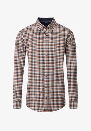 Hemd mit Knopfleiste und einem mehrfarbigen Karomuster in Braun, Blau und Creme. Aus weichem Stoff mit einem strukturierten Kragen und Manschetten gefertigt.