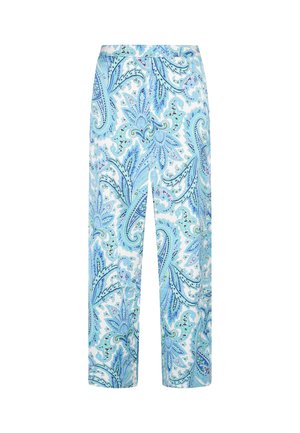 Pantaloni leggeri a gamba larga con una stampa paisley blu e verde su sfondo bianco. Vita elasticizzata per il massimo comfort.