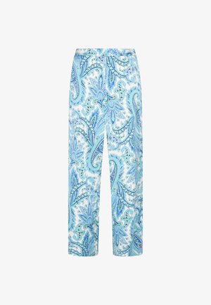 Leichte, weit geschnittene Hosen mit einem blauen und grünen Paisleymuster auf weißem Hintergrund. Elastischer Bund für Komfort.