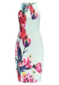 Floral sleeveless dress in mint green, featuring a high neckline, bold pink and purple flower patterns, and a fitted silhouette with a back zipper.