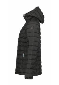 Schwarze gesteppten Pufferjacke mit Kapuze und seitlichem Reißverschlussfach, von der Seite gezeigt mit einem kleinen runden Logo auf dem Oberarm.