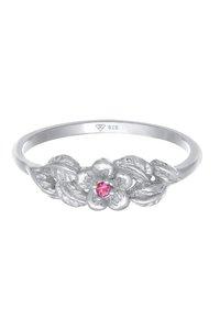 Bague en argent sterling avec un design floral, présentant des feuilles détaillées et une pierre précieuse rose centrale, finition polie et bande lisse.