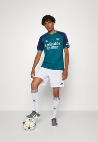Completo da calcio verde e blu con pantaloni bianchi. Include il logo "Emirates Fly Better", calzettoni a righe e un pallone da calcio con stelle multicolori.