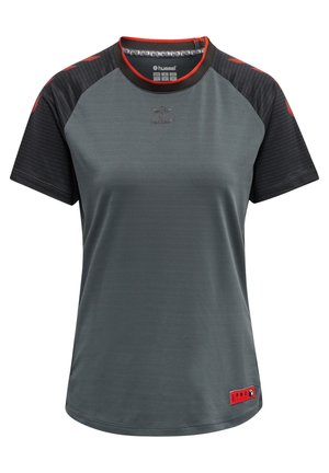Gray athletic t-shirt with black patterned sleeves, round neckline with red accents, and a small logo on the front left. Features side slits.