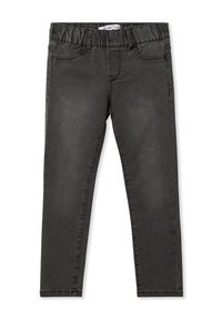 Czarne legginsy dżinsowe z elastycznym pasem, z fałszywymi przednimi kieszeniami i gładką teksturą. Dopasowany krój i długość do kolan.