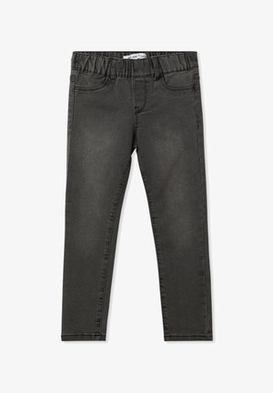 Czarne legginsy dżinsowe z elastycznym pasem, z fałszywymi przednimi kieszeniami i gładką teksturą. Dopasowany krój i długość do kolan.