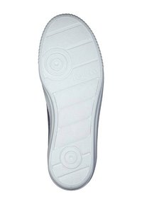 Witte rubberen schoenzool met cirkelvormige en lineaire loop- patronen, met een gladde textuur en een reliëf met het merk "legero".