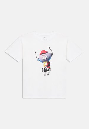 White cotton t-shirt featuring a cartoon character with a red hat holding a yellow object, and "Nike Airmax" printed below in black.