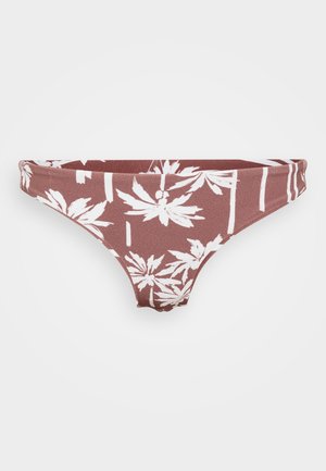 Bikini w dolnej części w teksturowanym burgundowym materiale z białym wzorem w palmy, o niskim stanie i bezszwowych krawędziach dla wygody.